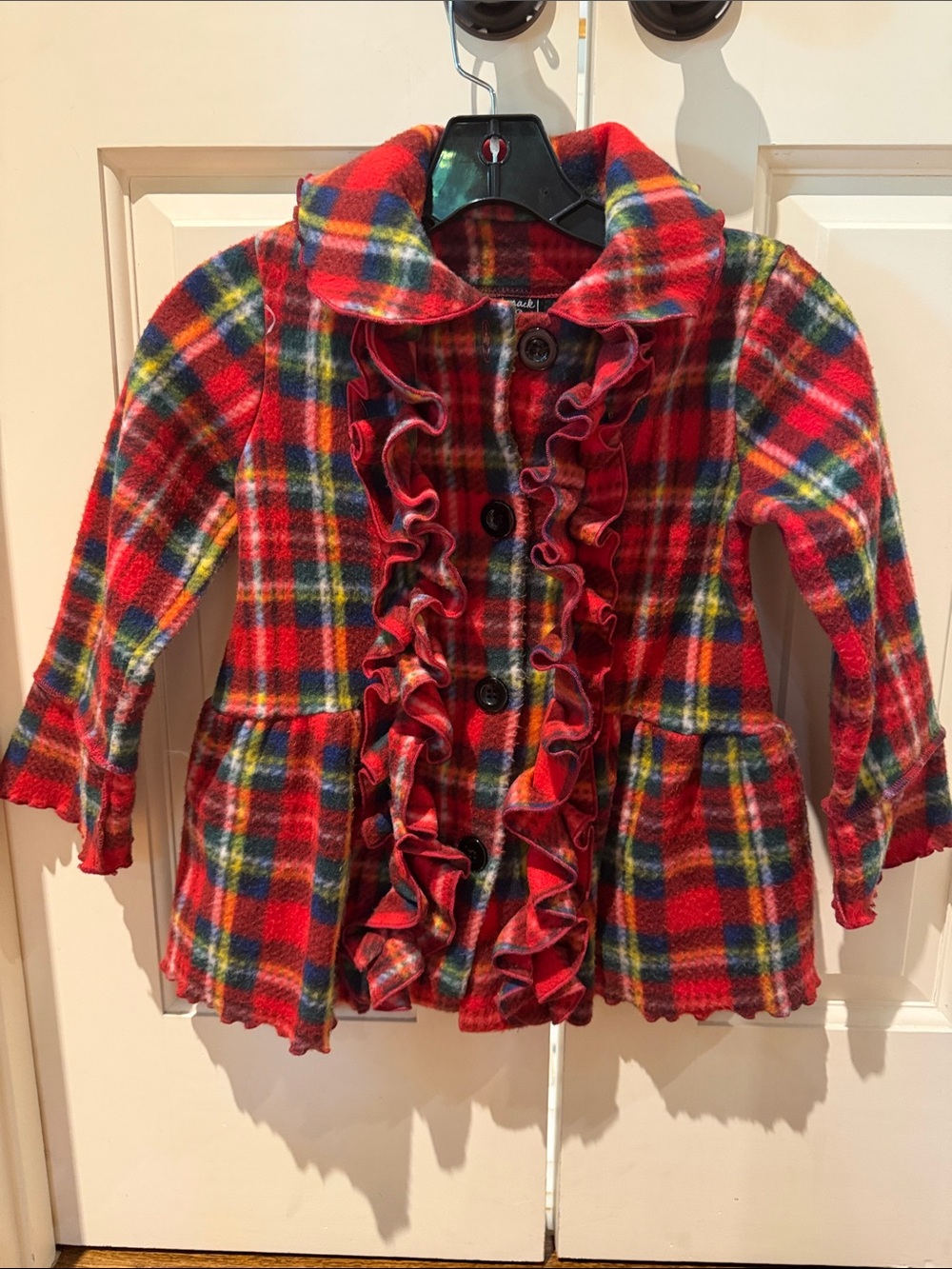 Girls Red Plaid Ruffle-Front Pea Coat